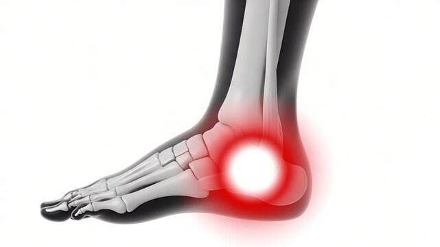 Human Foot Skeleton with Red Spot Indicating Heel Pain. Medical illustration of foot anatomy and Achilles tendon area discomfort.
