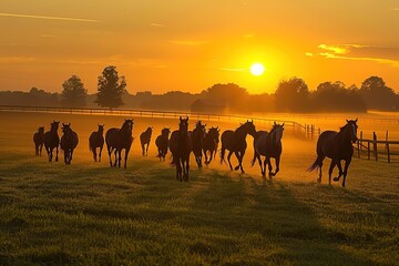 Thoroughbred horses walking in a field at sunrise.