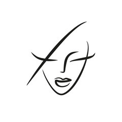 Women logo simple isolate. Beautiful hairstyle. Symbol Makeup and cosmetics - logo for beauty salon. Silhouette face lady. Emblem for cosmetology and skin care. Eyelashes and eyebrows