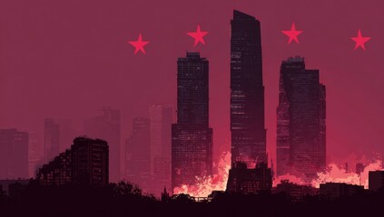 Fototapeta premium A dystopian cityscape aflame, silhouetted against a crimson dusk. Red stars dominate the top