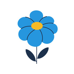 Simple blue flower graphic illustration. Stylized daisy or cornflower icon with a yellow center, isolated on white background.