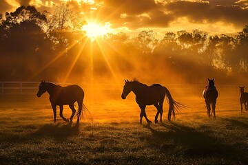 Thoroughbred horses walking in a field at sunrise.