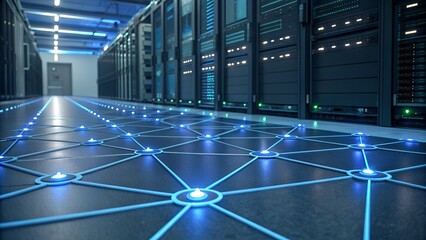 Futuristic data center interior with glowing network connections on the floor leading between rows of server racks ideal for cloud computing visuals, technology ads and cybersecurity presentations