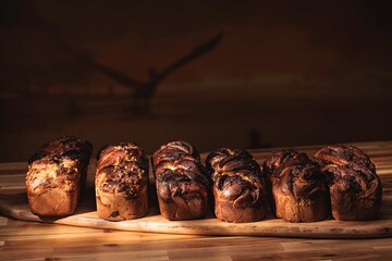 Several rectangular loaves of Babka, rich with chocolate and nuts, rest on a wooden board. Light...