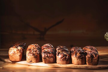 Warm, golden-brown babka bread loaves line a wooden cutting board. Morning sunlight illuminates...