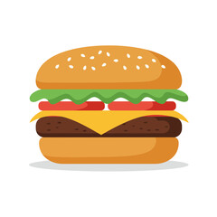 Classic cheeseburger vector icon illustration. Flat design style hamburger graphic with sesame bun, beef patty, cheese, and salad.