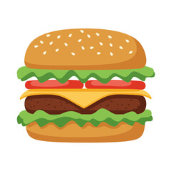 Delicious cartoon cheeseburger icon with a sesame seed bun, fresh lettuce, tomato, and beef patty. Vector graphic illustration isolated on white.