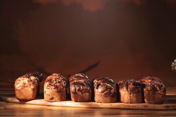 Several rows of fresh chocolate brioche loaves sit invitingly on a wooden cutting board. The dark...