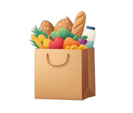 A brown paper grocery bag filled with various colorful fruits, vegetables, and breads.  A carton of milk and other produce are visible inside