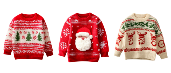 Set of three Christmas ugly sweaters transparent background, cutout