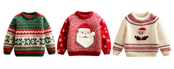 Set of three Christmas ugly sweaters transparent background, cutout