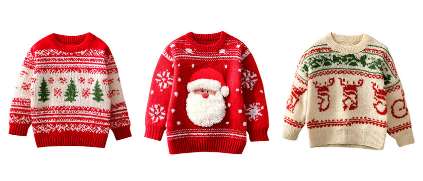 Set of three Christmas ugly sweaters transparent background, cutout