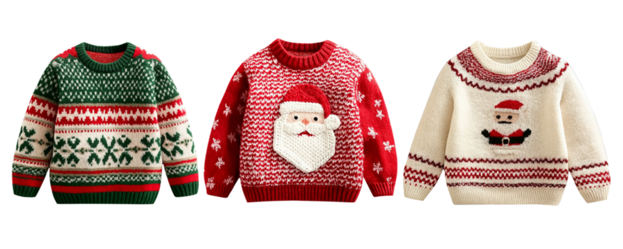 Set of three Christmas ugly sweaters transparent background, cutout