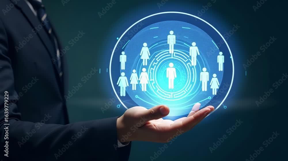 Poster hand selecting holographic recruitment target device: visualizing talent acquisition with group icon