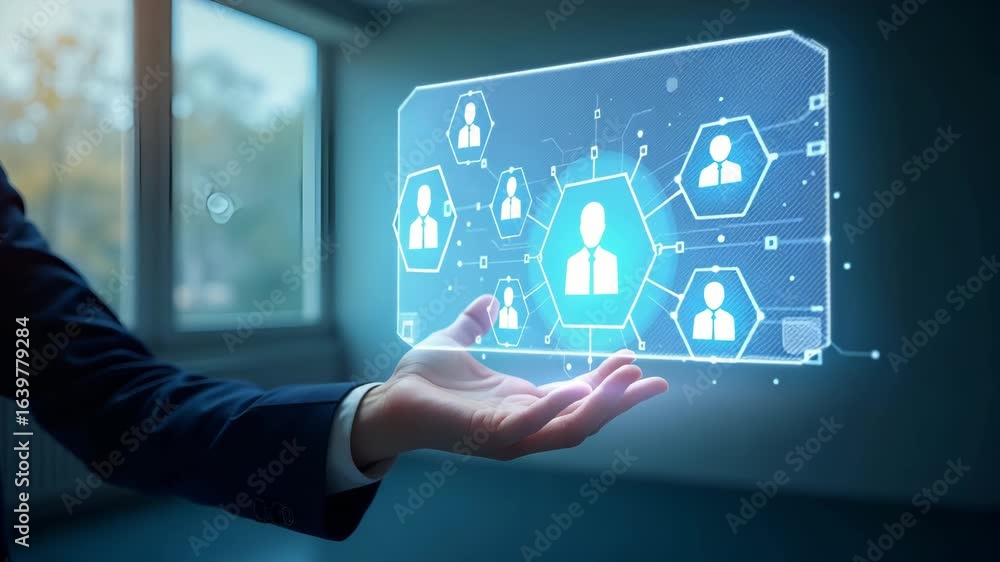 Poster hand engaging with holographic onboarding device: visualizing recruitment and employee management tr