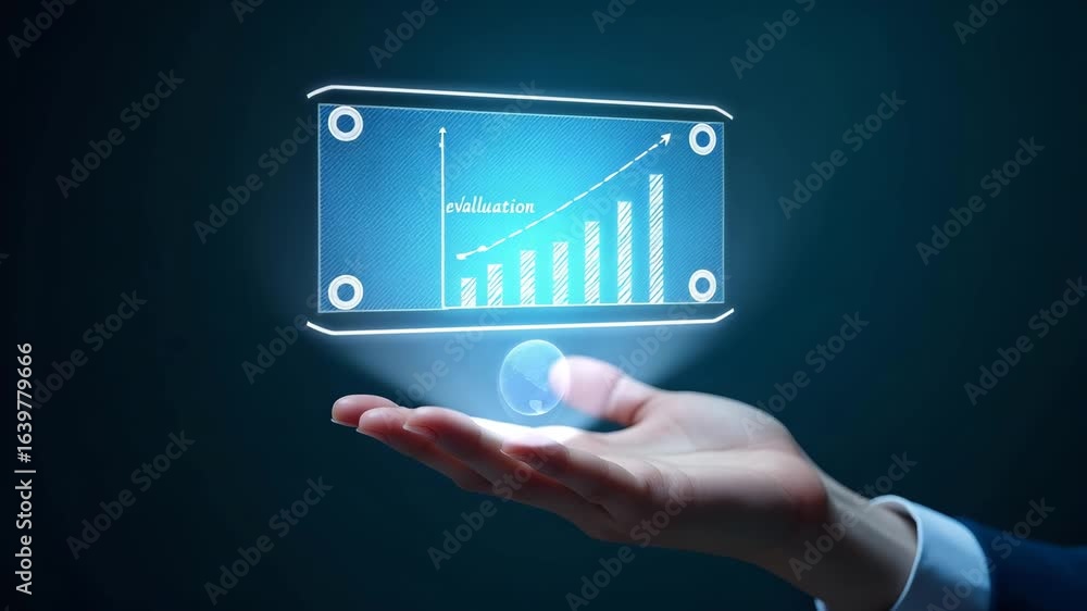 Poster flat hand presenting holographic device for goal setting: a cute vector illustration emphasizing obj