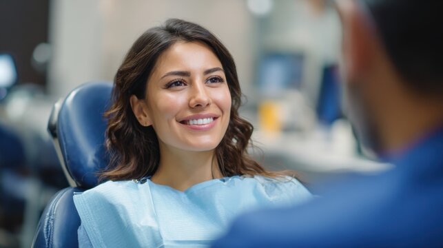 A cheerful patient smiles confidently while sitting in a dental chair, showcasing a positive experience during a dental check-up appointment.