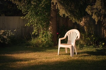 White plastic chair casting long shadows on uneven quiet backyard lawn