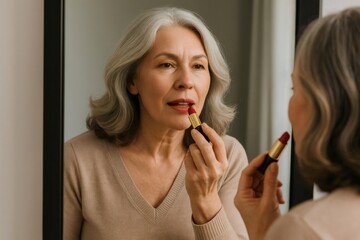Confident mature woman applying vibrant red lipstick, preparing for the day while admiring her reflection in the bathroom mirror