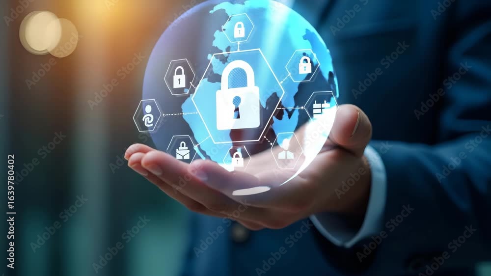 Poster businesspeople safeguarding personal data with global network security tech: encryption & padlock ic