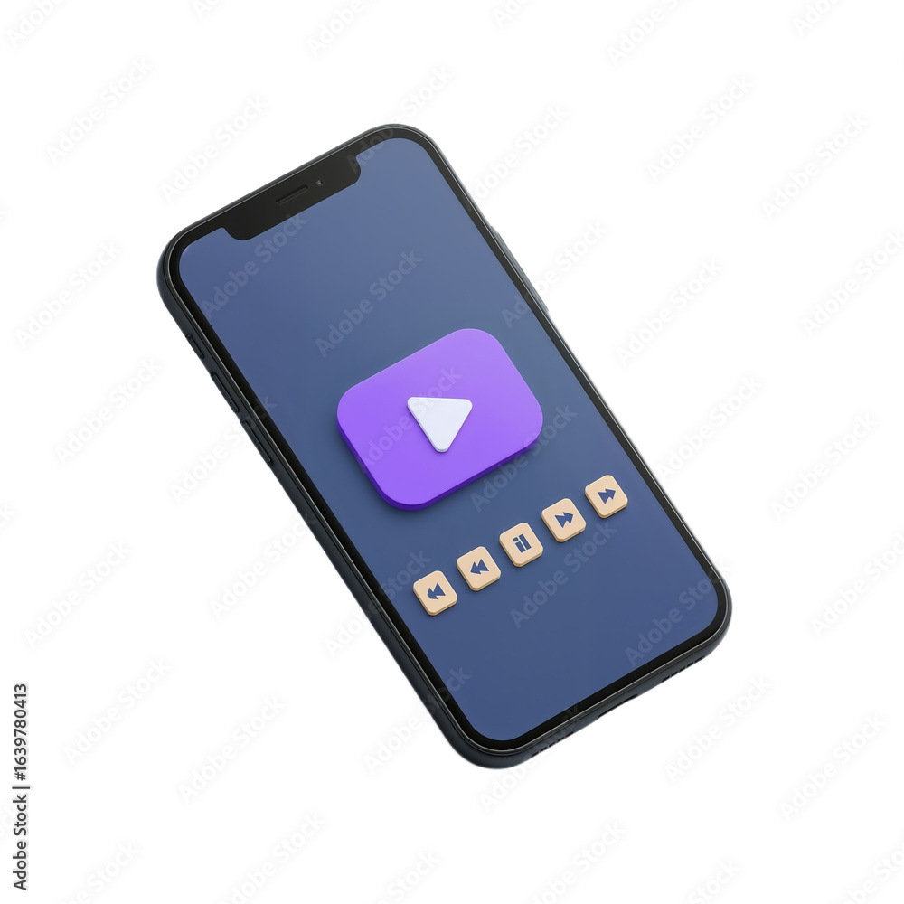 Poster a 3d rendered smartphone displaying a video play button and app icons.