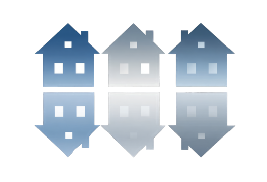 Three mirrored, stylized houses in shades of blue-gray.  House silhouettes are vertically stacked, forming a symmetrical pattern