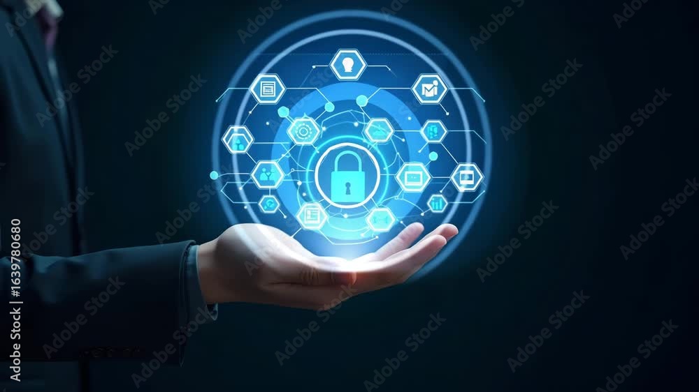 Poster flat hand holding holographic ai interface: showcasing data processing, communication, security, and