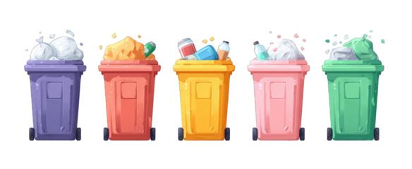 Colorful trash cans overflowing with various waste