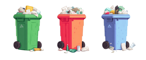Three overflowing colored trash bins