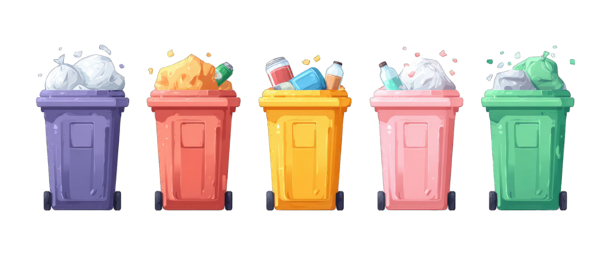 Colorful trash cans overflowing with various waste