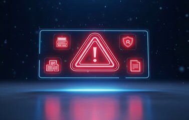 Digital warning sign with cybersecurity icons and alert symbol