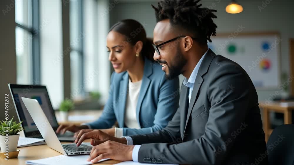 Poster flat portrait of happy african it developer collaborating with diverse team in modern office - profe
