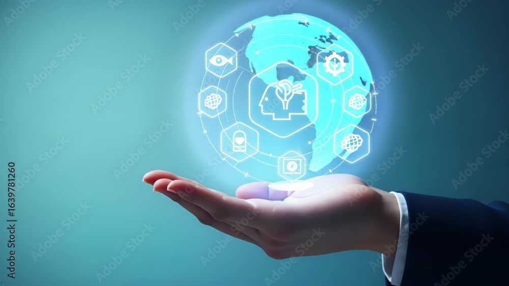 Poster hand holding holographic neural processing unit (npu) icons: ai & machine learning symbols for advan