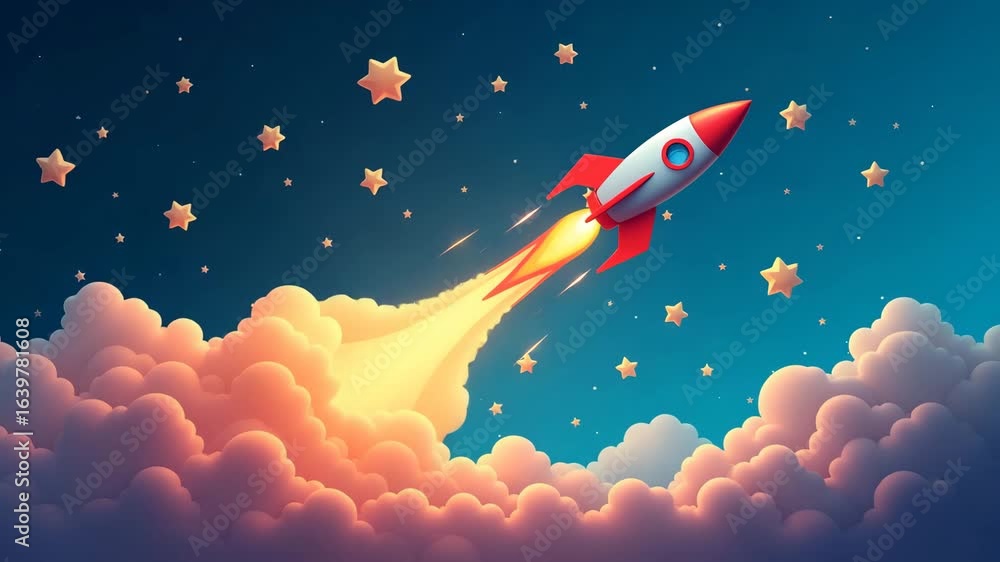 Poster colorful rocket launching into space with stars and clouds - symbolizing innovation, exploration, an