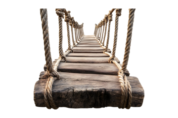 Jungle hanging bridge made of ropes and wooden isolated on a transparent background
