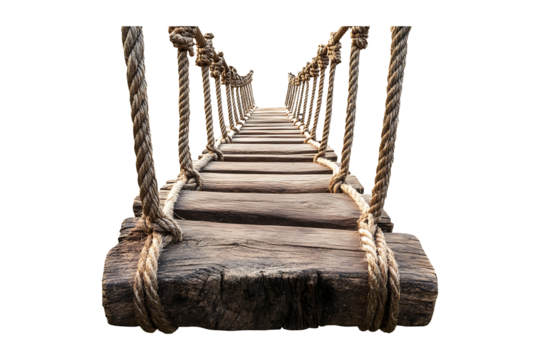 Jungle hanging bridge made of ropes and wooden isolated on a transparent background