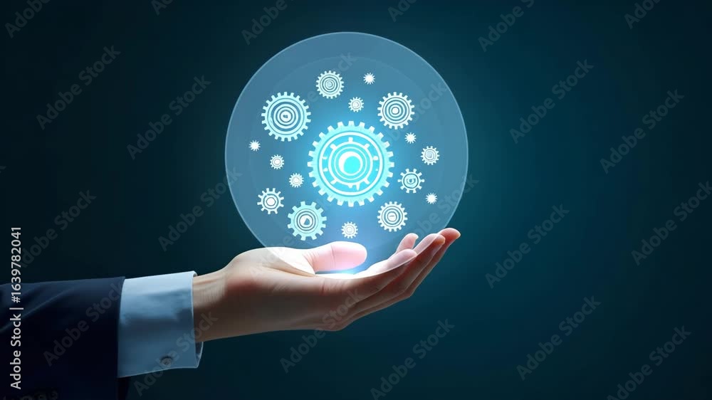 Poster flat hand manipulating holographic gear icons: a cute vector illustration of workflow automation ind
