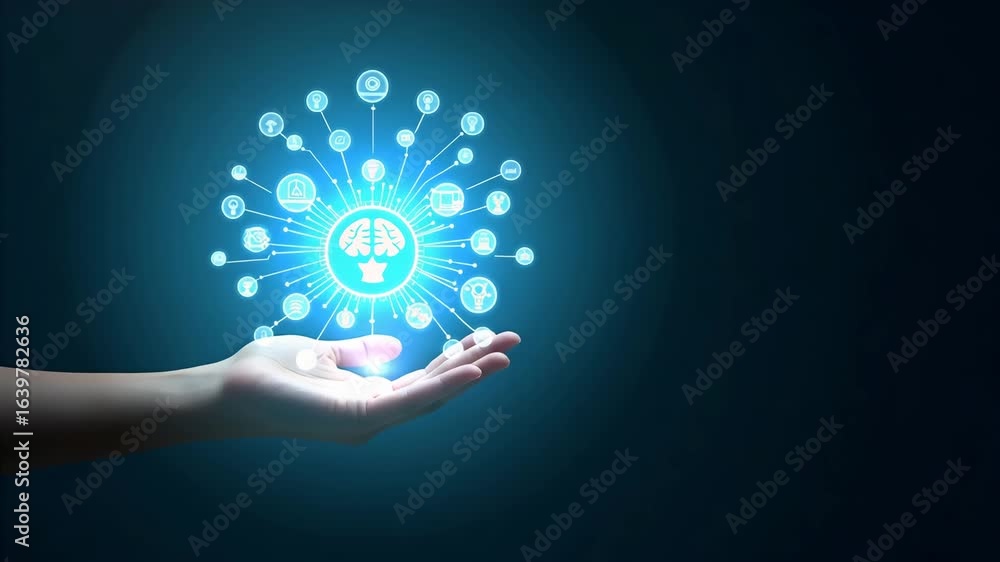 Poster flat hand holding holographic neural processing unit (npu) icons with ai & machine learning symbols 