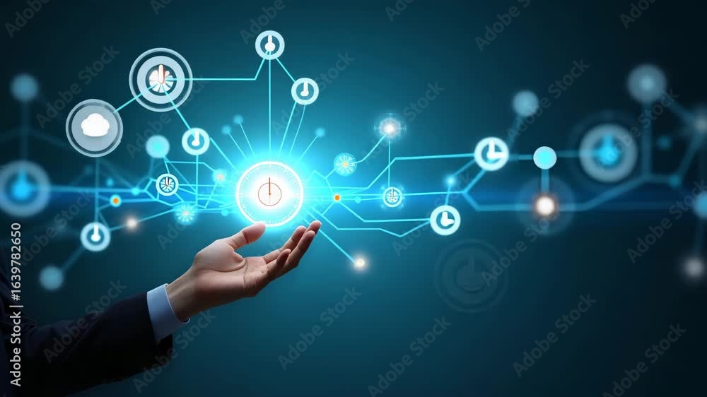 Poster Hand Interacting with Holographic Time Management Interface: Project Planning, Target Setting, Task Tracking Icons in Empty Space - Technology Concept for Productivity