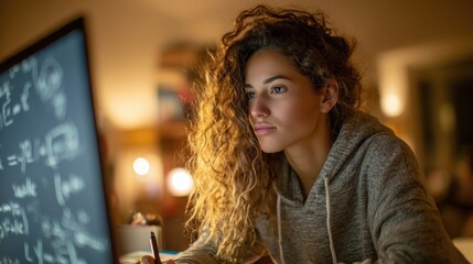 Focused young woman with curly hair studies complex equations on a screen in a warmly lit room, working late into the evening.