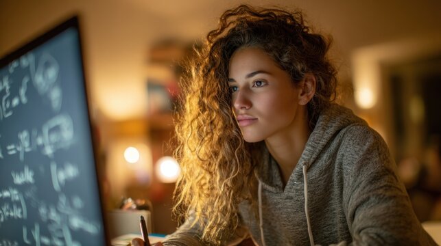 Focused young woman with curly hair studies complex equations on a screen in a warmly lit room, working late into the evening. - Powered by Adobe