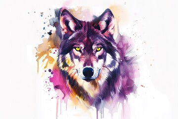 Watercolor colorful wolf with yellow eyes isolated on white background. Fairy wolf watercolor portrait. Colorful wolf illustration.
