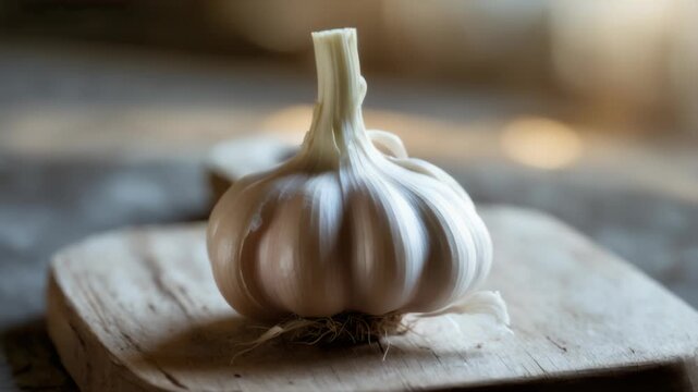 Garlic bulb on wooden cutting board