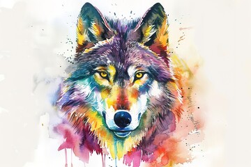 Watercolor colorful wolf with yellow eyes isolated on white background. Fairy wolf watercolor portrait. Colorful wolf illustration.