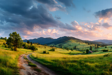 Beautiful summer mountain rural landscape; Panorama of summer green field with dirt road and Sunset cloudy sky.