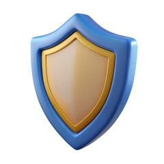 Blue and gold 3d render of a shield, symbolizing protection, security, and defense, isolated on transparent background