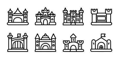 Simple black and white outline drawings of stylized castles