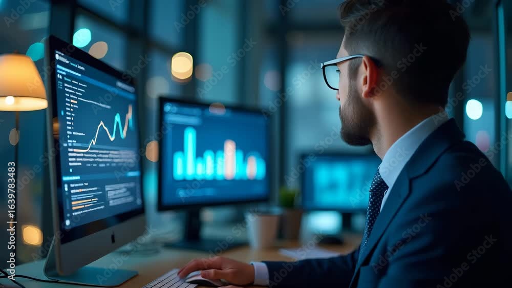 Poster businessman analyzing seo search engine optimization marketing rankings and website traffic on compu