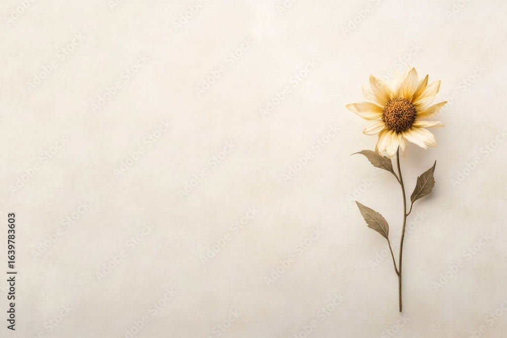 Poster minimalist image featuring a dried sunflower on a neutral background, offering ample copy space for 