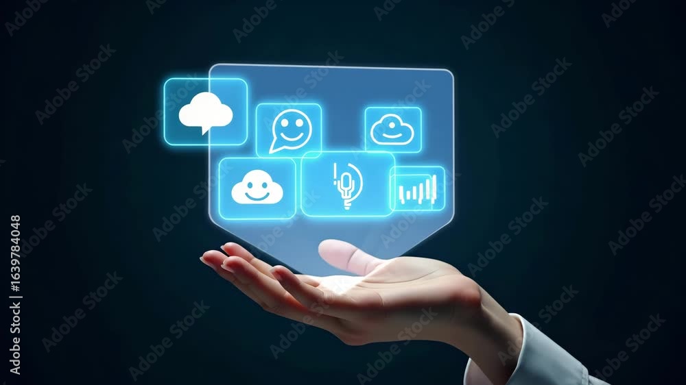 Poster hand holding holographic chatbot ai interface displaying communication assistance icons in empty spa